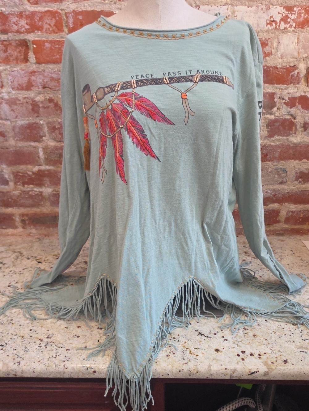 Double D Ranch Sage Fringe Tunic with Red Feather Graphic - 1818